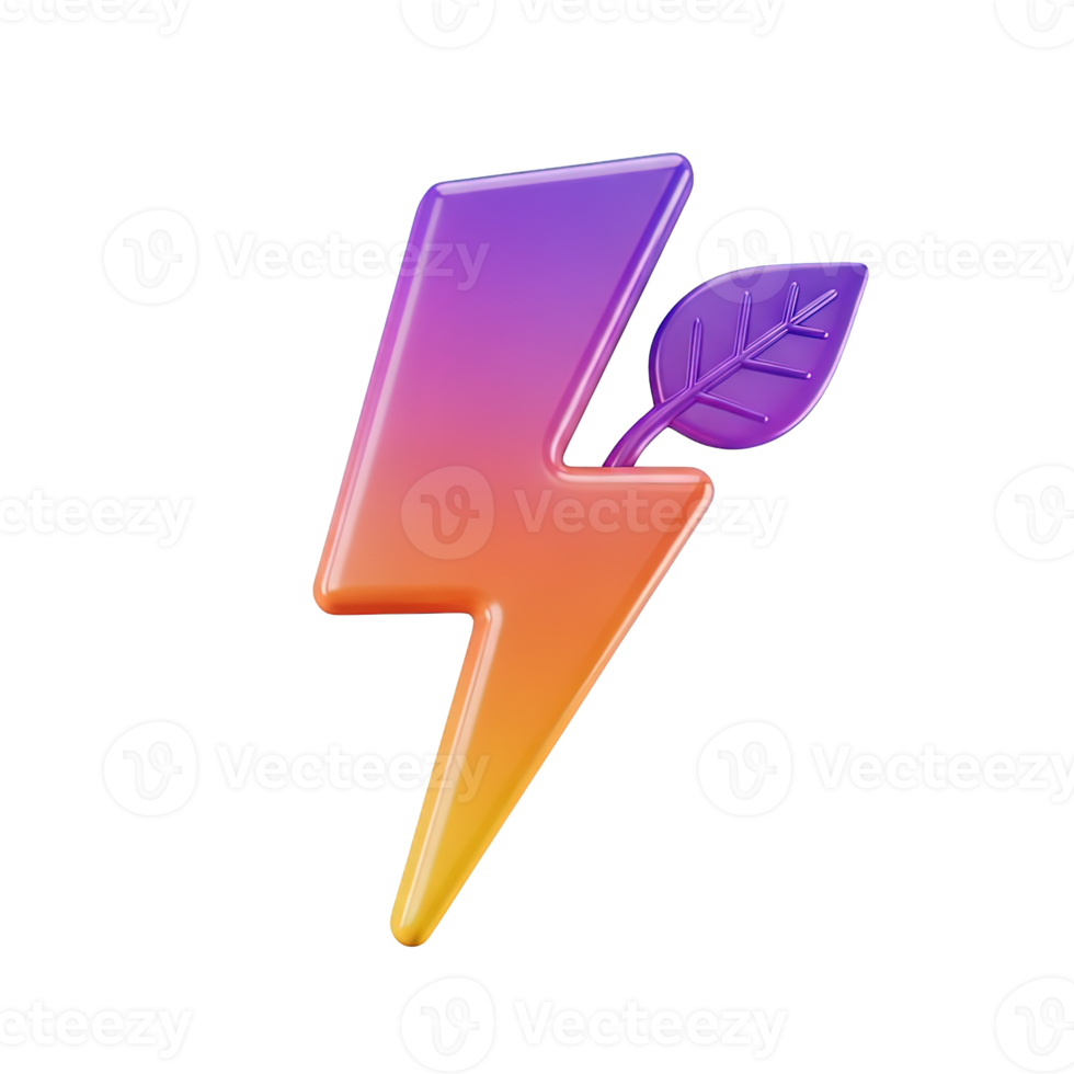 3D rendered icon of a lightning bolt with a leaf symbolizing green energy eco power renewable resources or sustainable electricity generation now png