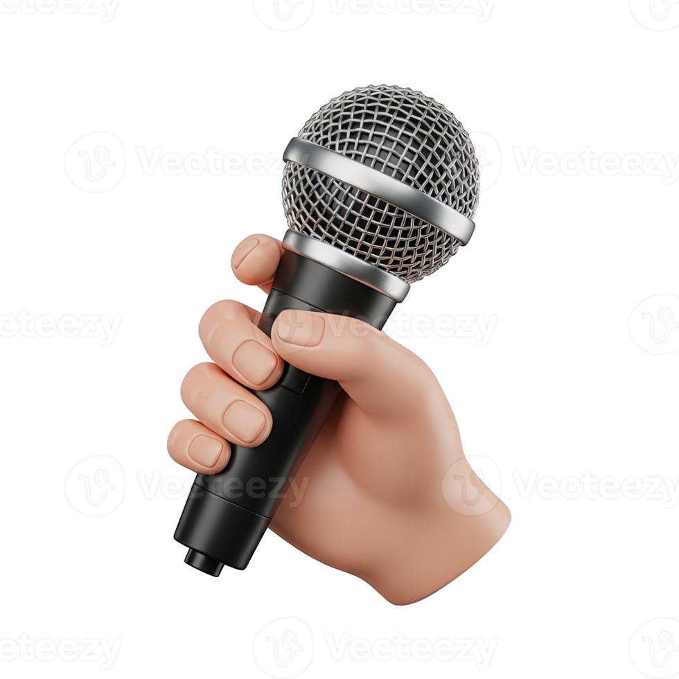 3D rendered icon of a hand holding a microphone representing singing performance public address system or audio recording for music or speech png