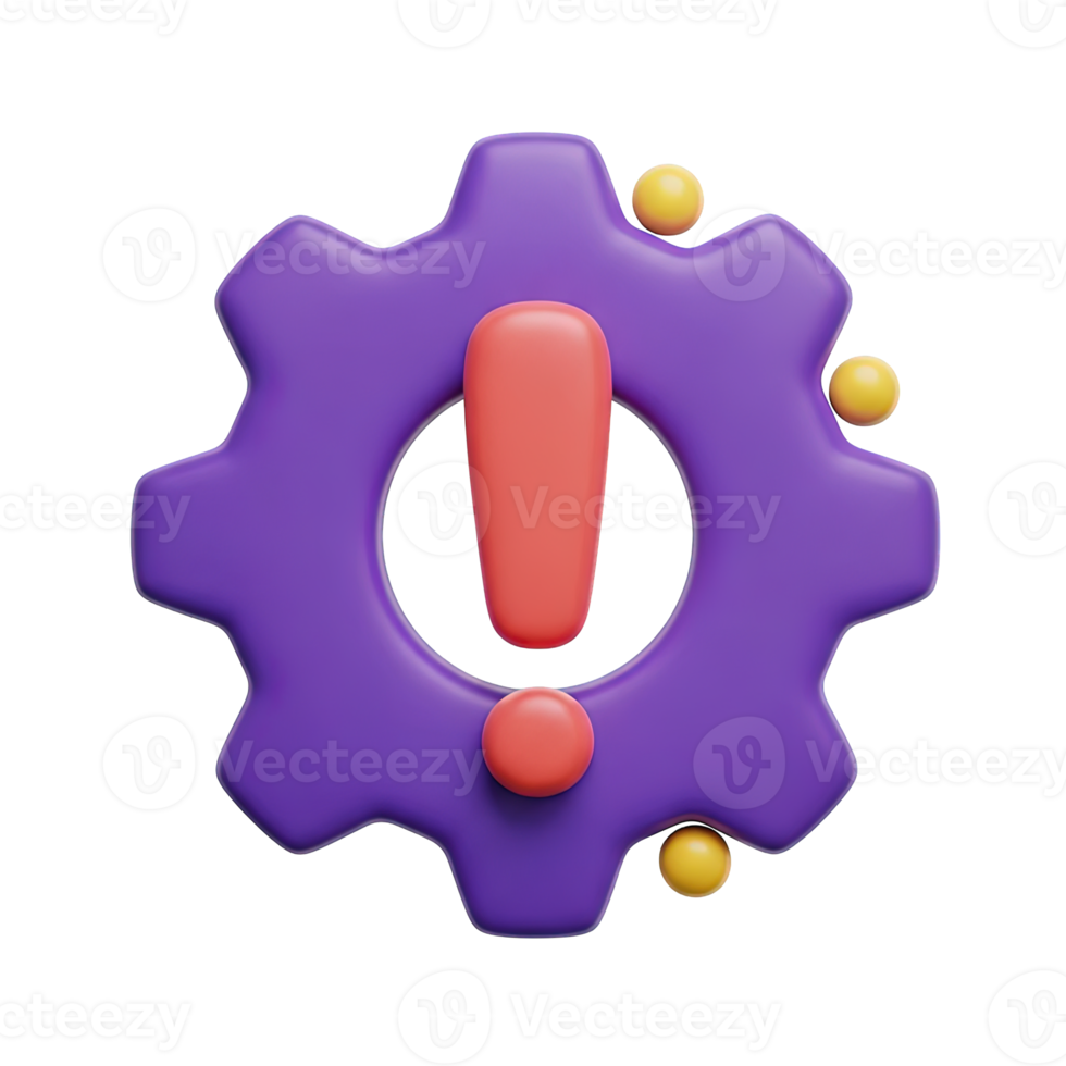 3D rendered icon of a purple gear with a red exclamation mark symbolizing system error warning alert or a critical technical problem needing fix png