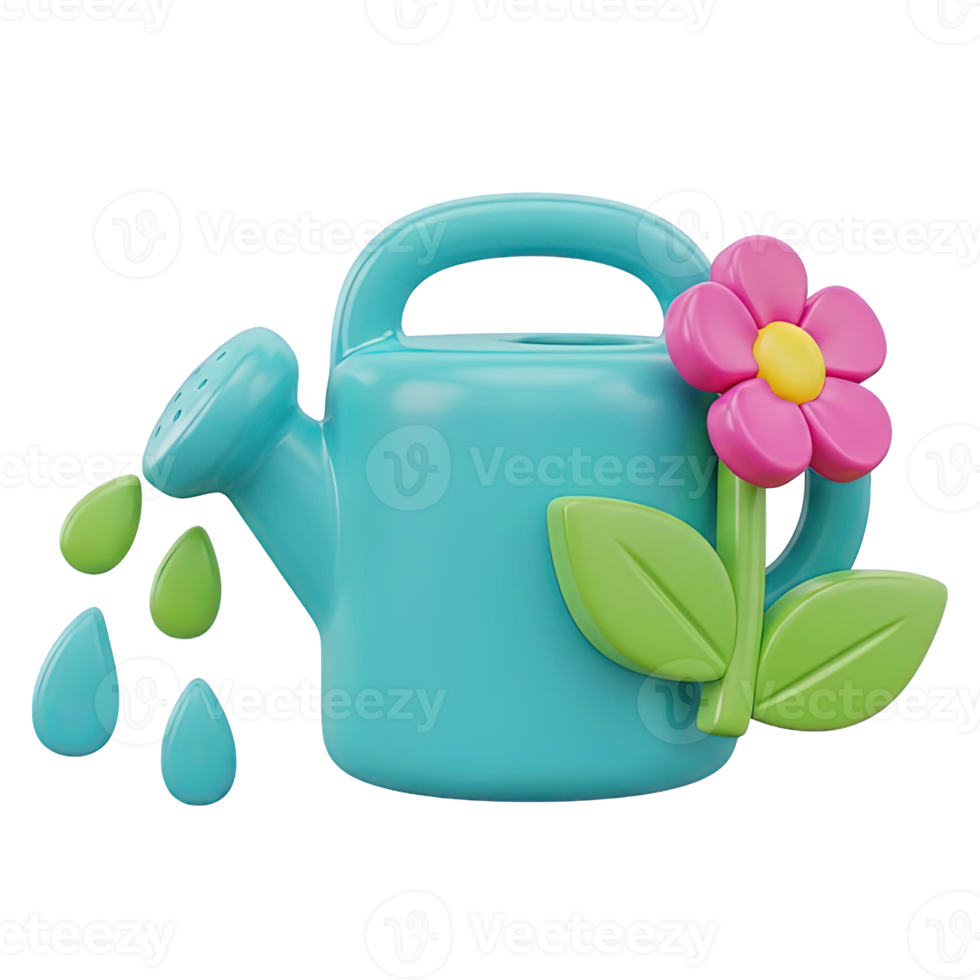 3D rendered icon of a blue watering can with a flower and leaves symbolizing gardening plant care irrigation or nurturing nature and growth work png
