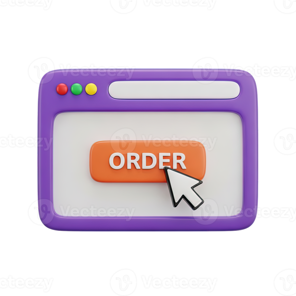 3D rendered icon of a web browser window with an orange order button and cursor for online shopping ecommerce or placing a digital order now png