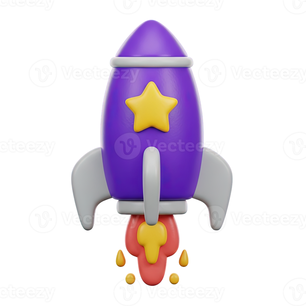3D rendered icon of a purple rocket with stars launching symbolizing startup success innovation boost or fast project deployment and space travel png