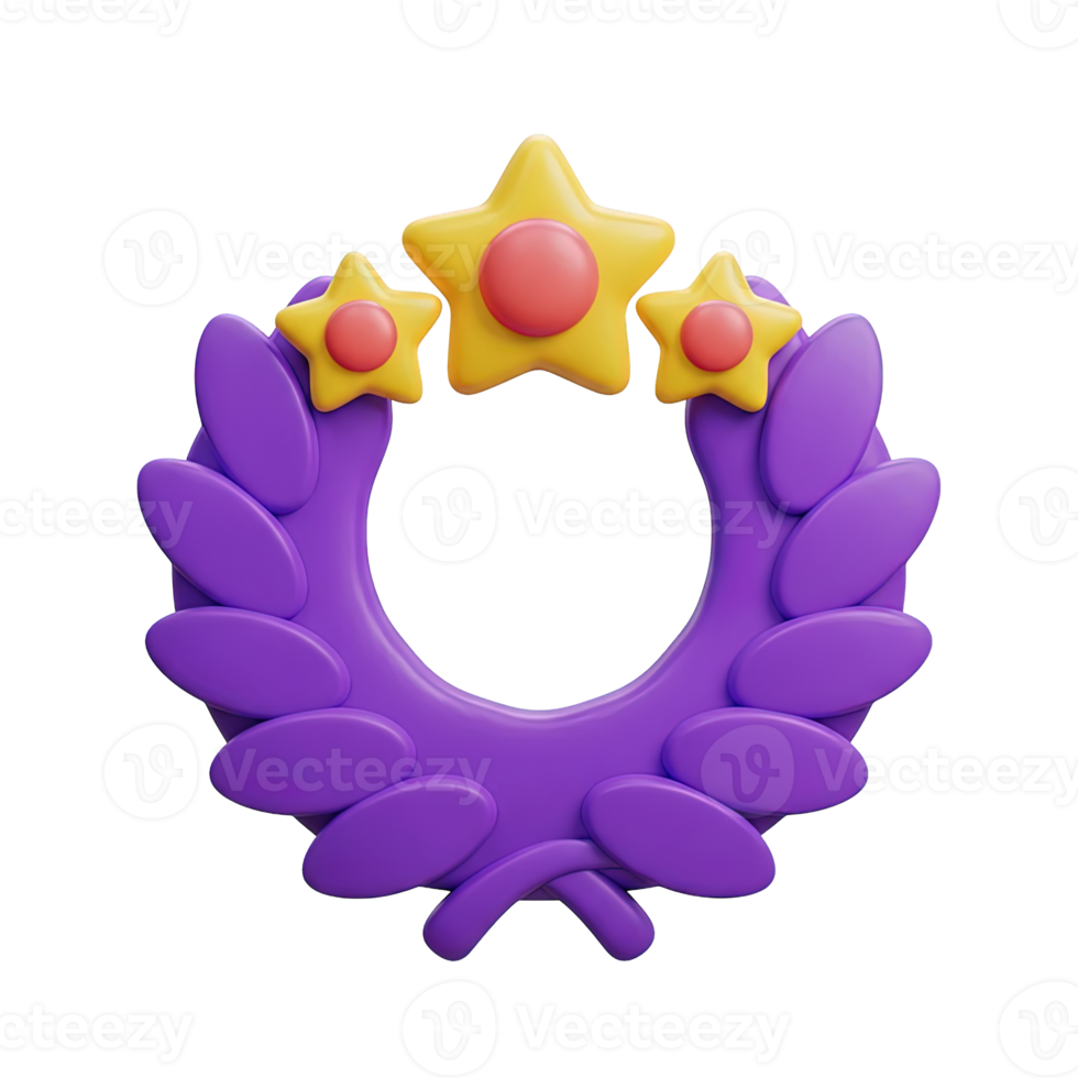 3D rendered icon of a purple laurel wreath with stars symbolizing victory achievement award success or first place champion recognition mark png
