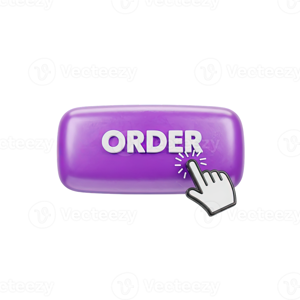 3D rendered icon of a purple order button with a hand cursor for online shopping ecommerce transaction or clicking to purchase an item now png