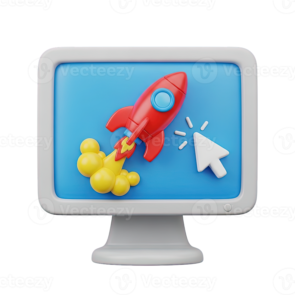 3D rendered icon of a computer monitor displaying a red rocket launching with a cursor for startup acceleration project boost or software update png