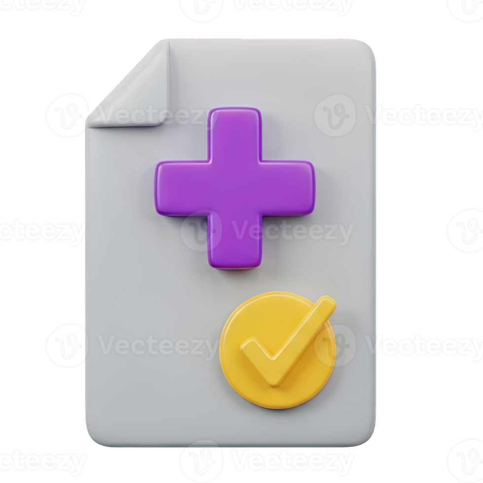 3D rendered icon of a document with a purple medical cross and a yellow checkmark for approved health report medical clearance or verified data png