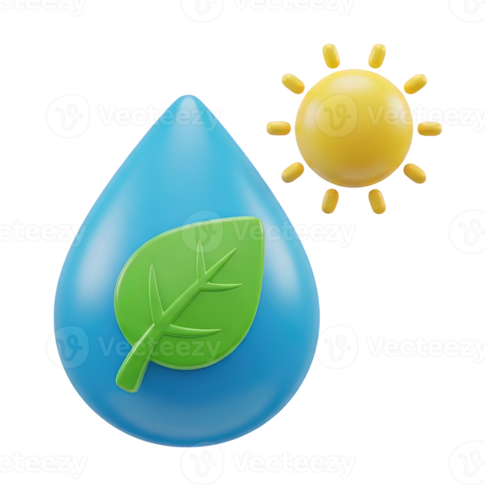 3D rendered icon of a water droplet with a green leaf and sun symbolizing pure water nature conservation eco friendly resources or fresh drink png