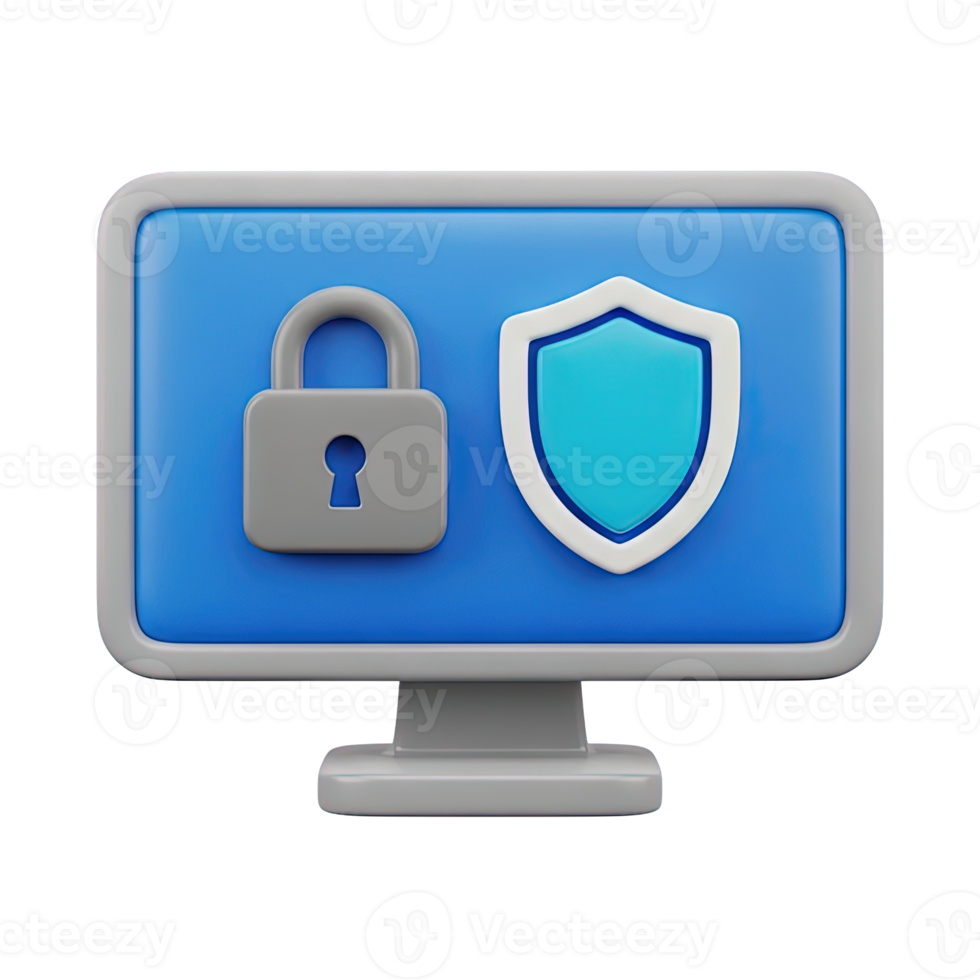 3D rendered icon of a computer monitor with a lock and shield symbolizing cybersecurity data protection online security or secure system access now png