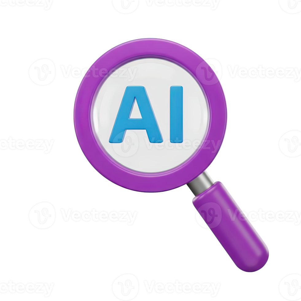 3D rendered icon of a purple magnifying glass with AI text symbolizing artificial intelligence search machine learning analysis or tech research png