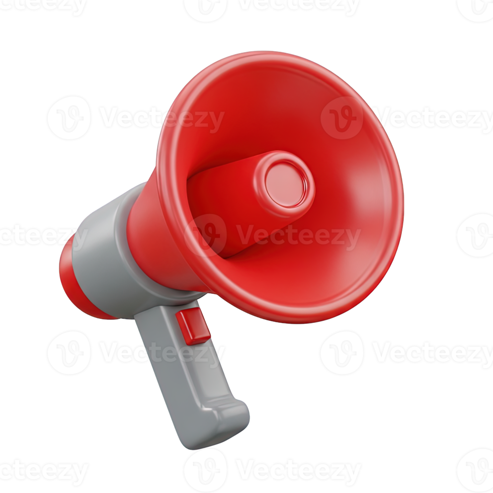 3D rendered icon of a red megaphone or bullhorn symbolizing announcement alert public speaking marketing promotion or important message share png