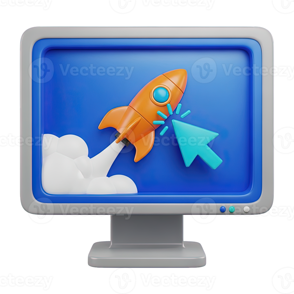 3D rendered icon of a computer monitor with a rocket launching and cursor symbolizing startup boost project launch or fast performance increase png