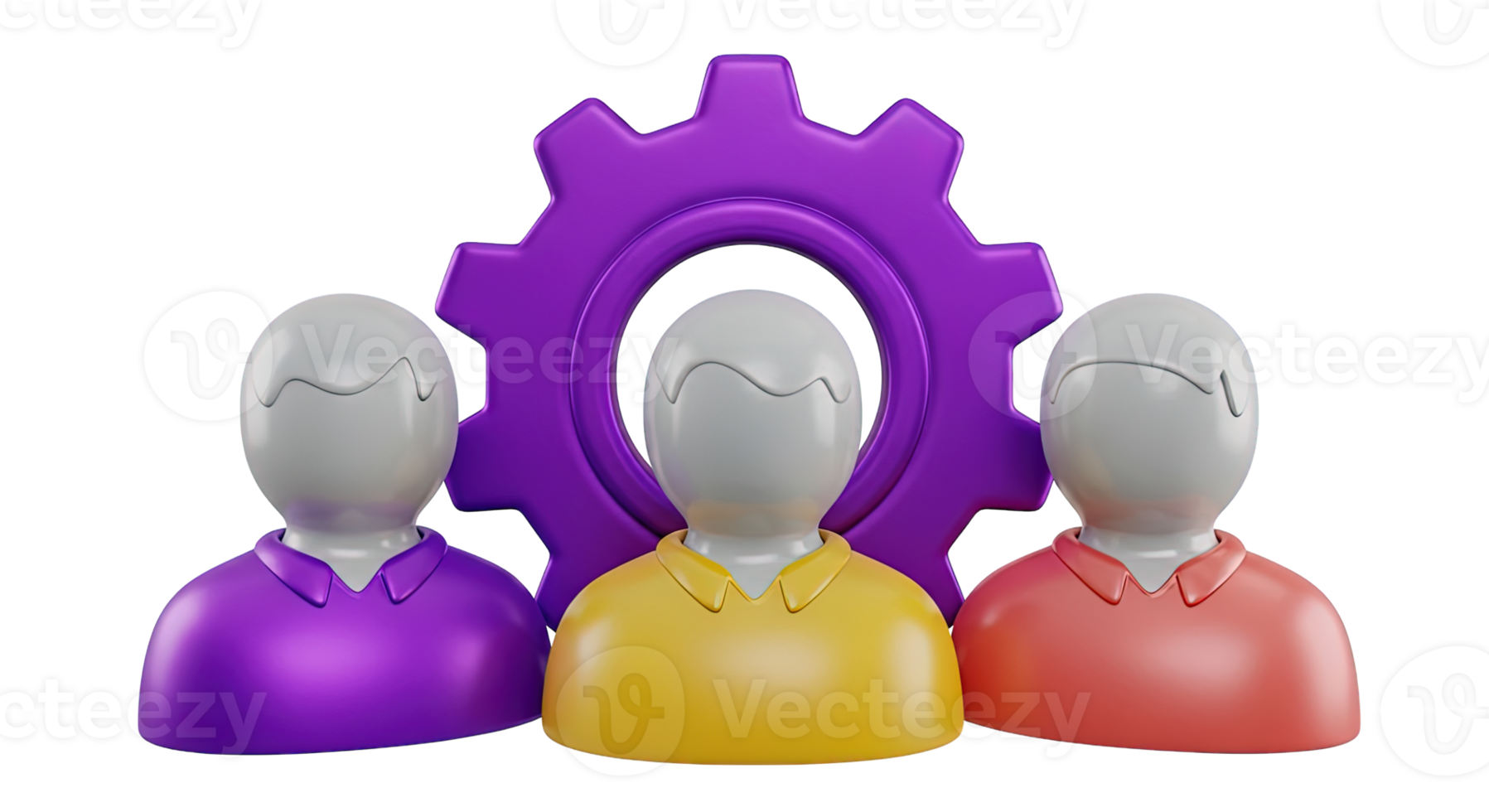3D rendered icon of three figures with a central gear above them symbolizing teamwork collaboration project management or group problem solving png
