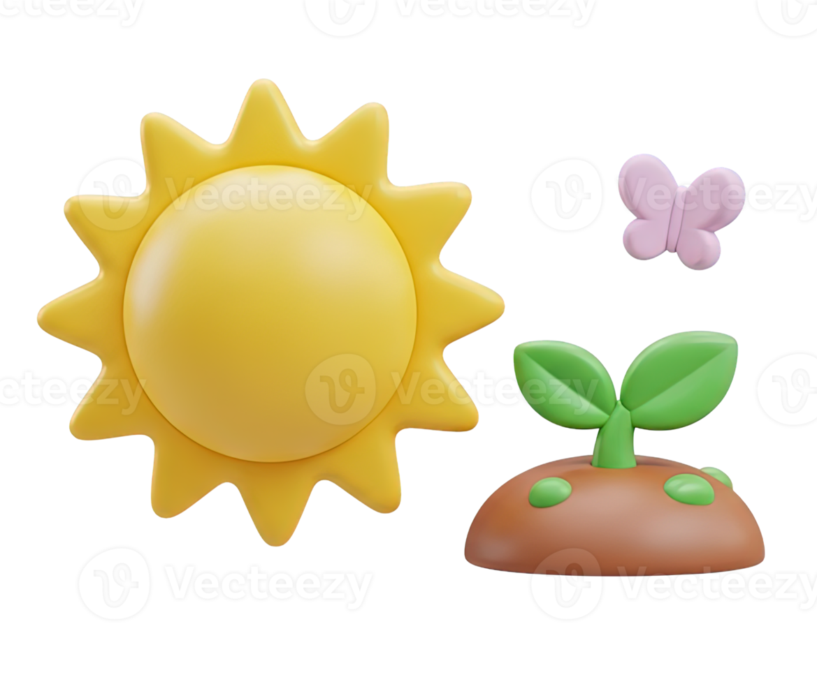 3D rendered icon of a sun shining on a sprout with a butterfly symbolizing spring growth new beginnings nature and environmental beauty png