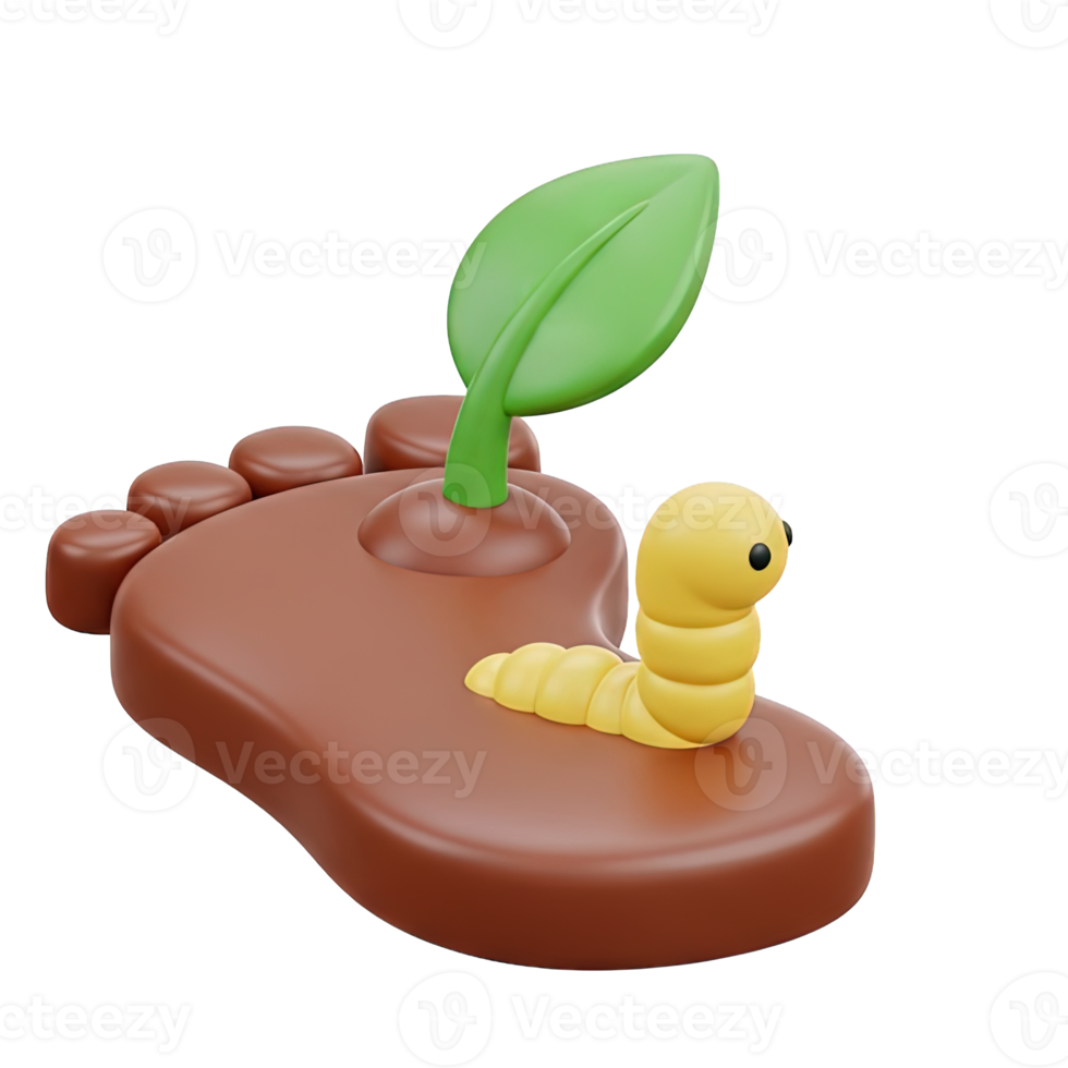 Footprint ecology concept 3D icon Human footprint in soil with a green sprout and a yellow worm symbolizing ecological impact nature connection or regeneration png