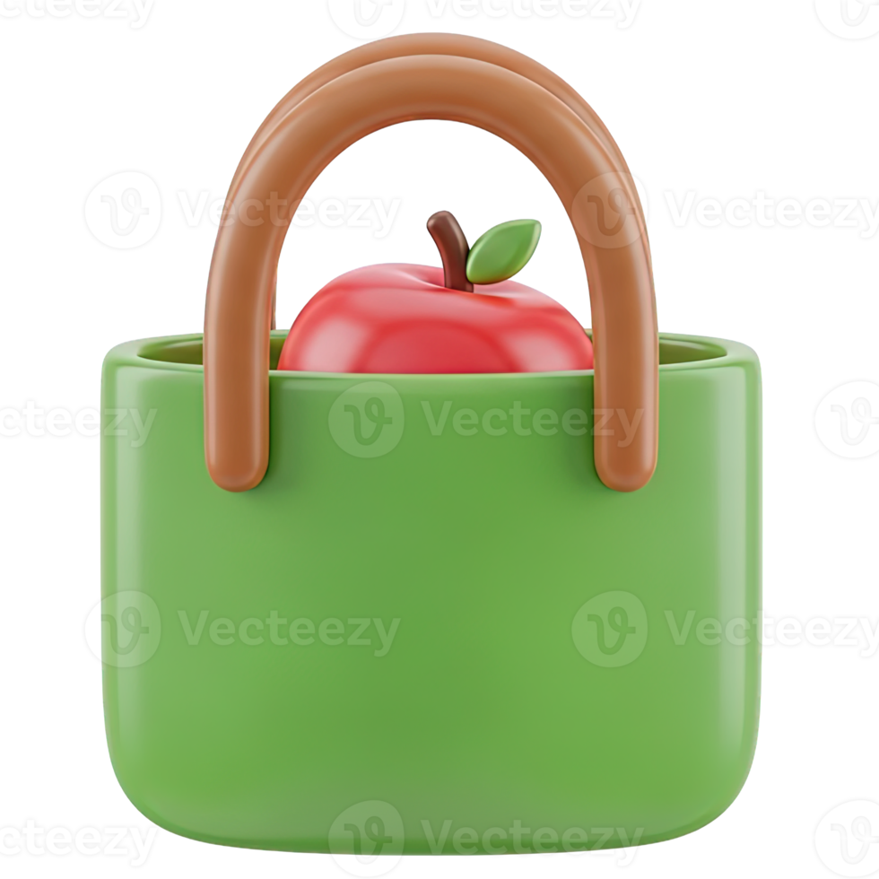 Grocery bag apple 3D icon Green reusable shopping bag with brown handles containing a fresh red apple symbolizing healthy eating groceries or eco friendly shopping png