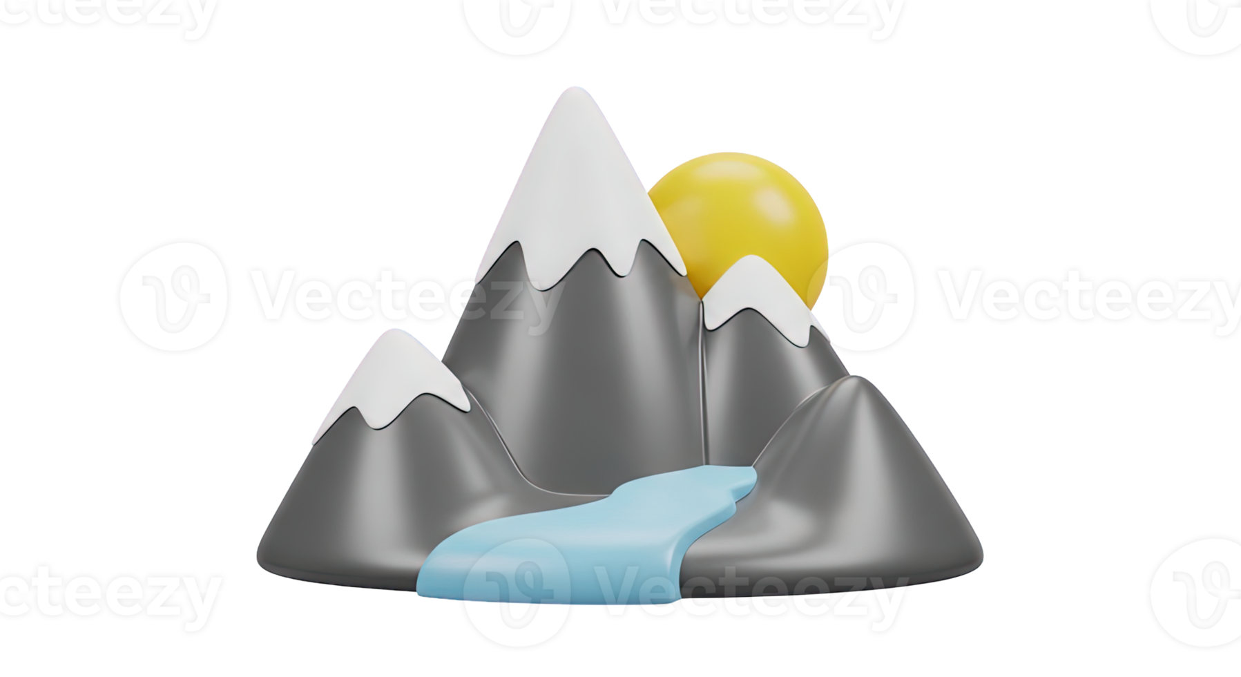 Mountain range landscape 3D icon Scenic view of grey mountains with snow caps a flowing river and a yellow sun representing nature adventure or travel destination png