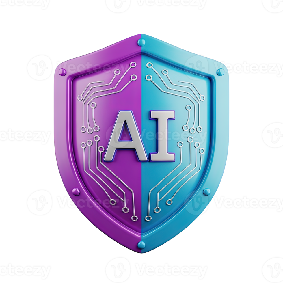 AI shield security 3D icon Blue and purple shield with AI lettering and circuit design symbolizing artificial intelligence cybersecurity data protection technology png