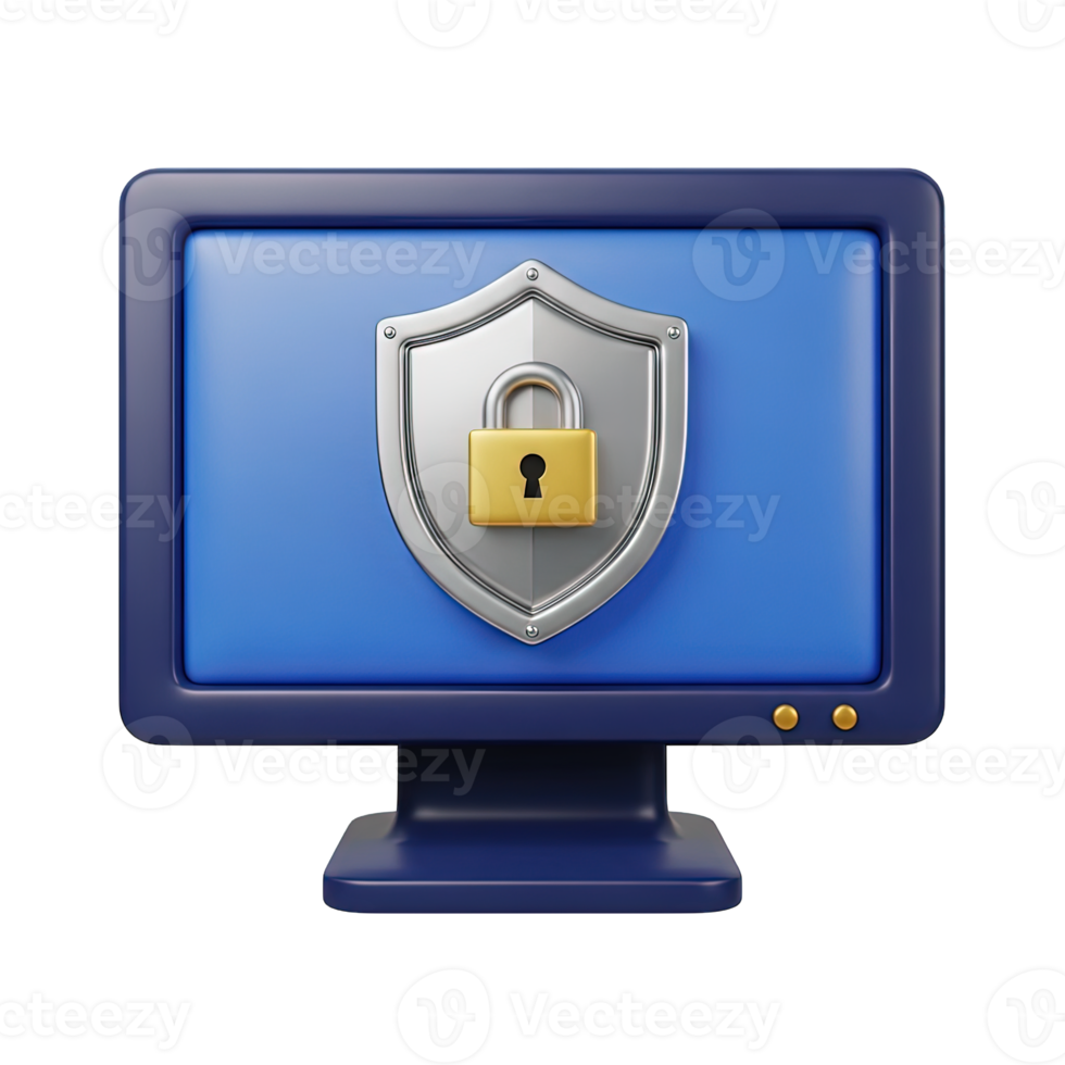 Computer security lock 3D icon Blue monitor displaying a golden padlock on a shield symbolizing system protection data privacy or secure network access concept png