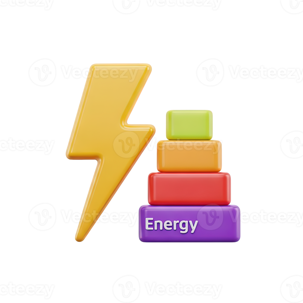 Energy level pyramid 3D icon Yellow lightning bolt beside a colorful stacked pyramid labeled Energy representing power measurement energy efficiency rating or capacity display png