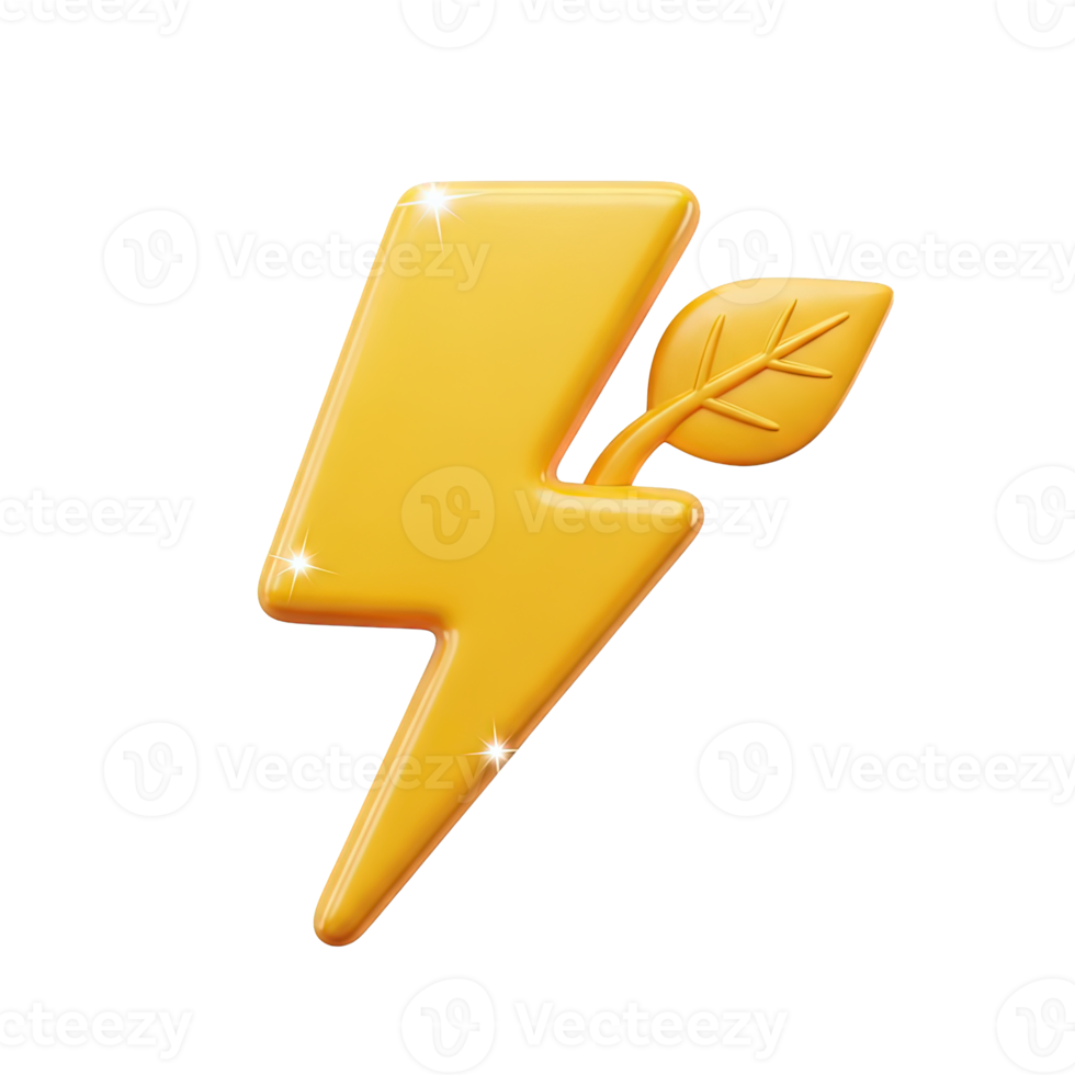 Eco friendly energy 3D icon Yellow lightning bolt with a green leaf attached symbolizing renewable power green energy sustainable electricity or natural power sources png
