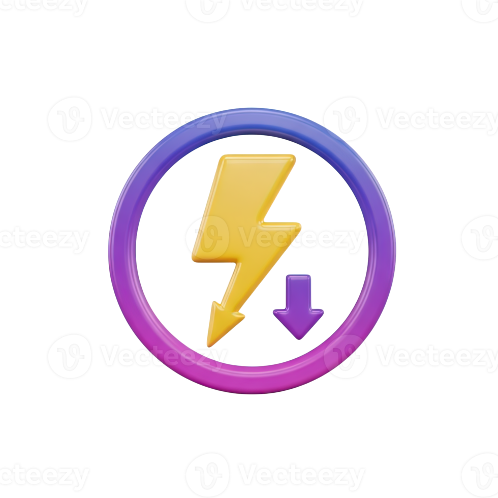 Low energy consumption 3D icon Yellow lightning bolt within a purple circle with a downward arrow symbolizing reduced power usage energy saving mode or low electricity cost png