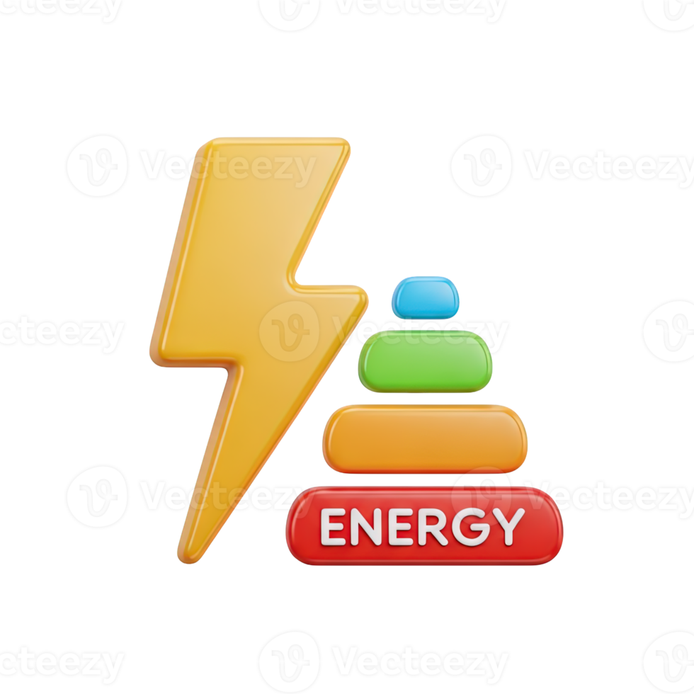 Energy level indicator 3D icon Yellow lightning bolt next to a stacked pyramid of colorful blocks labeled ENERGY symbolizing power levels capacity or energy status png