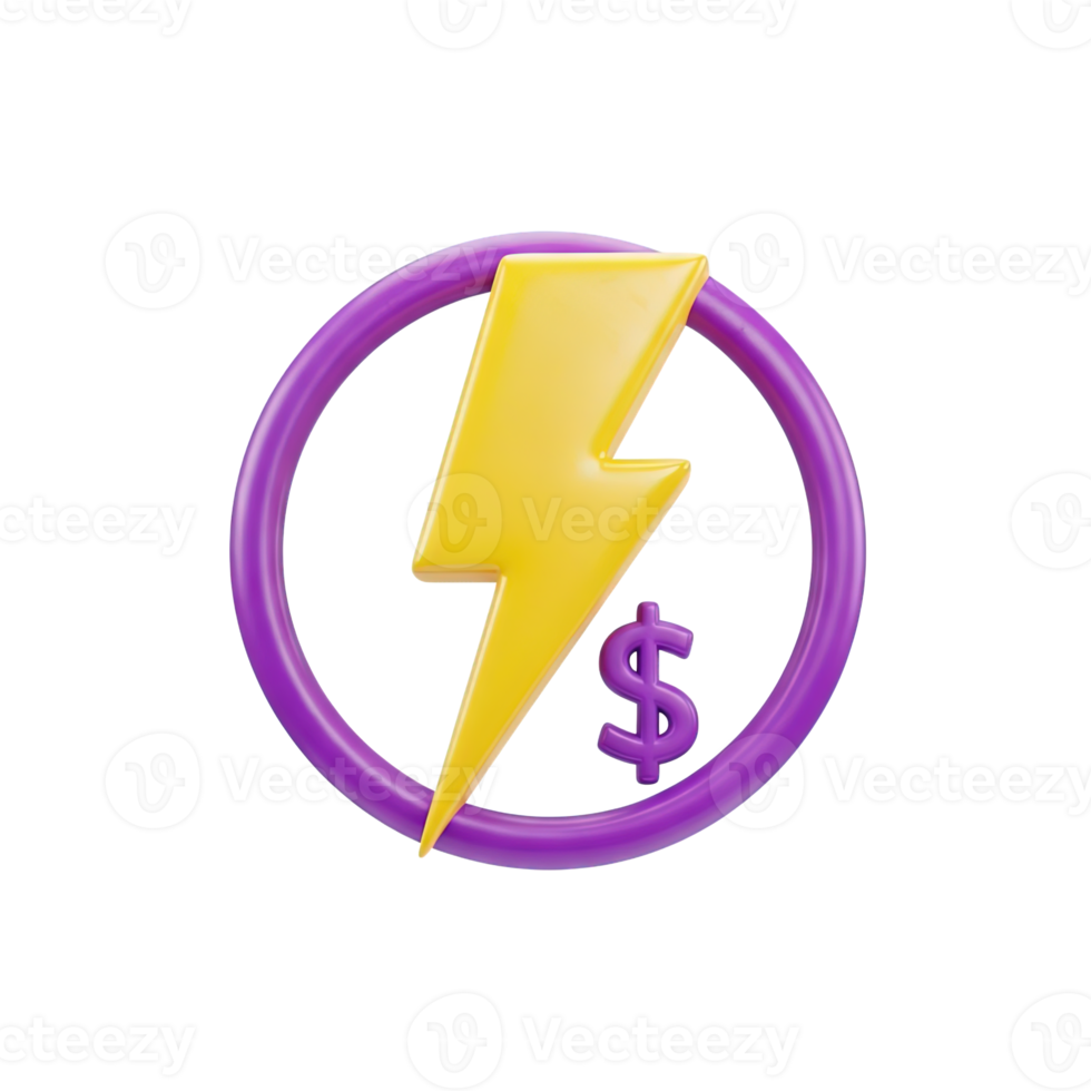 Energy currency exchange 3D icon Purple circular frame with a yellow lightning bolt and dollar sign illustrating energy trading power markets or electricity finance value png