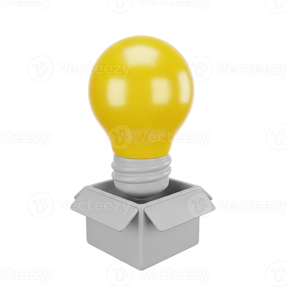 Out of the box idea 3D icon Yellow lightbulb emerging from an open grey cardboard box symbolizing unconventional thinking creative solutions or innovative breakthroughs png