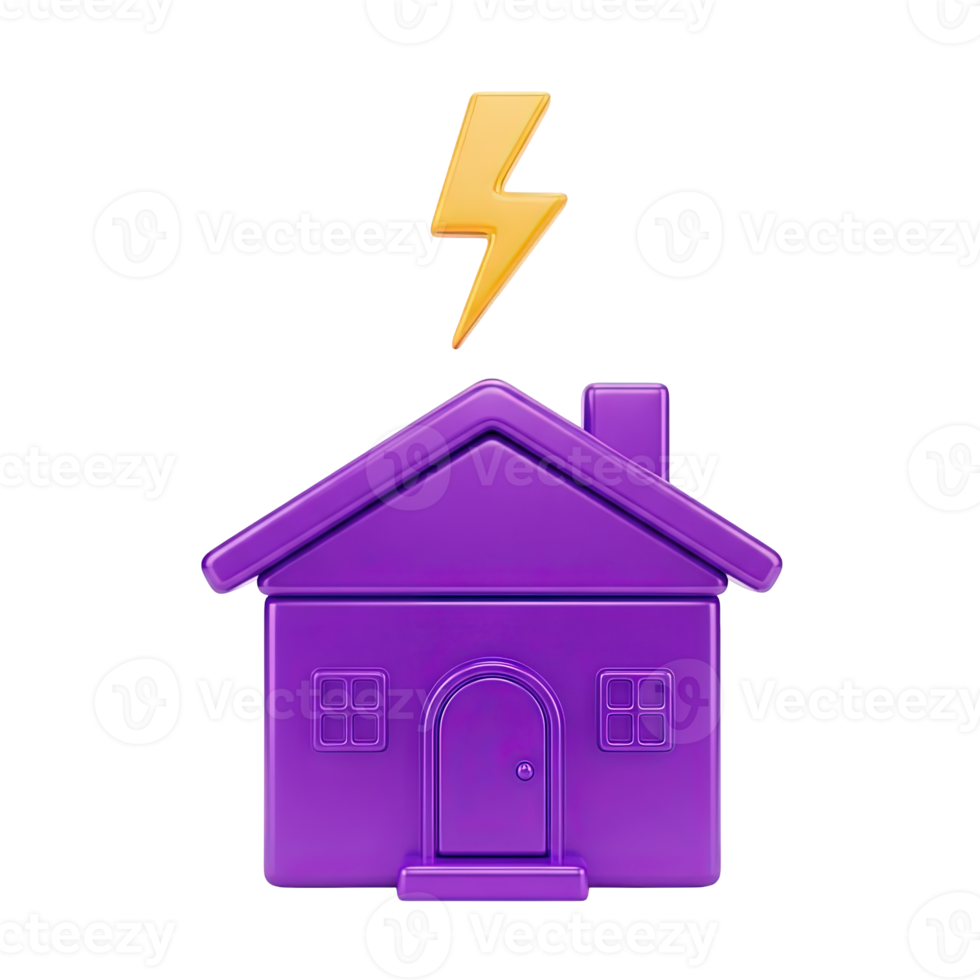 Home energy power 3D icon Purple house symbol with a yellow lightning bolt above representing residential electricity power supply or smart home energy concept png