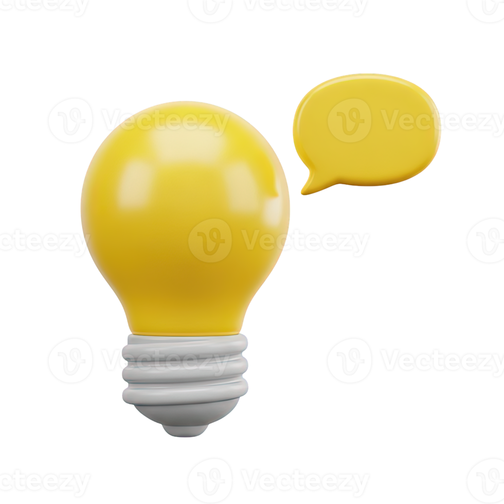 Idea communication bubble 3D icon Yellow lightbulb with a small speech bubble indicating sharing ideas expressing thoughts or communicating innovation concepts png