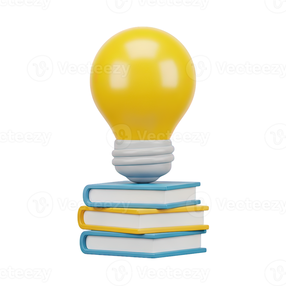 Knowledge based idea 3D icon Yellow lightbulb resting on a stack of colorful books symbolizing ideas from learning education research or knowledge accumulation png