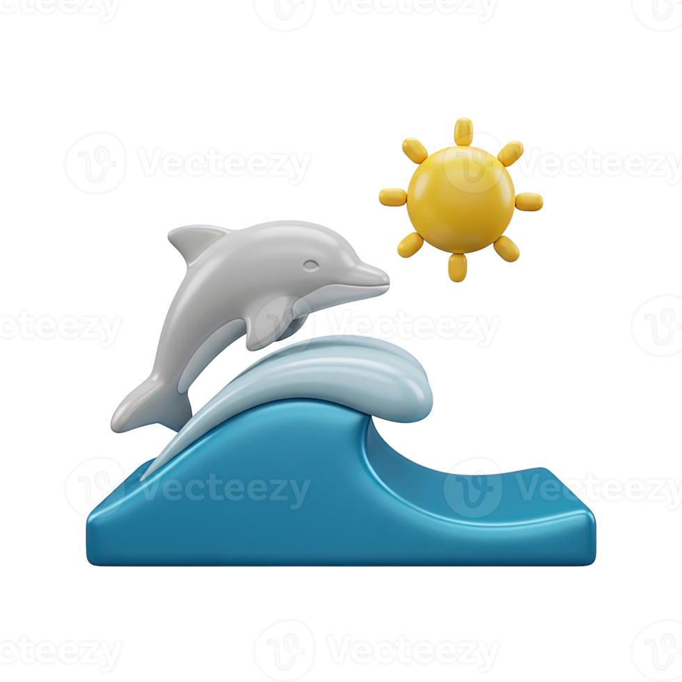 Dolphin wave sun 3D icon Playful dolphin leaping over a blue ocean wave with a bright yellow sun symbolizing summer vacation marine life and joy cheerful design png