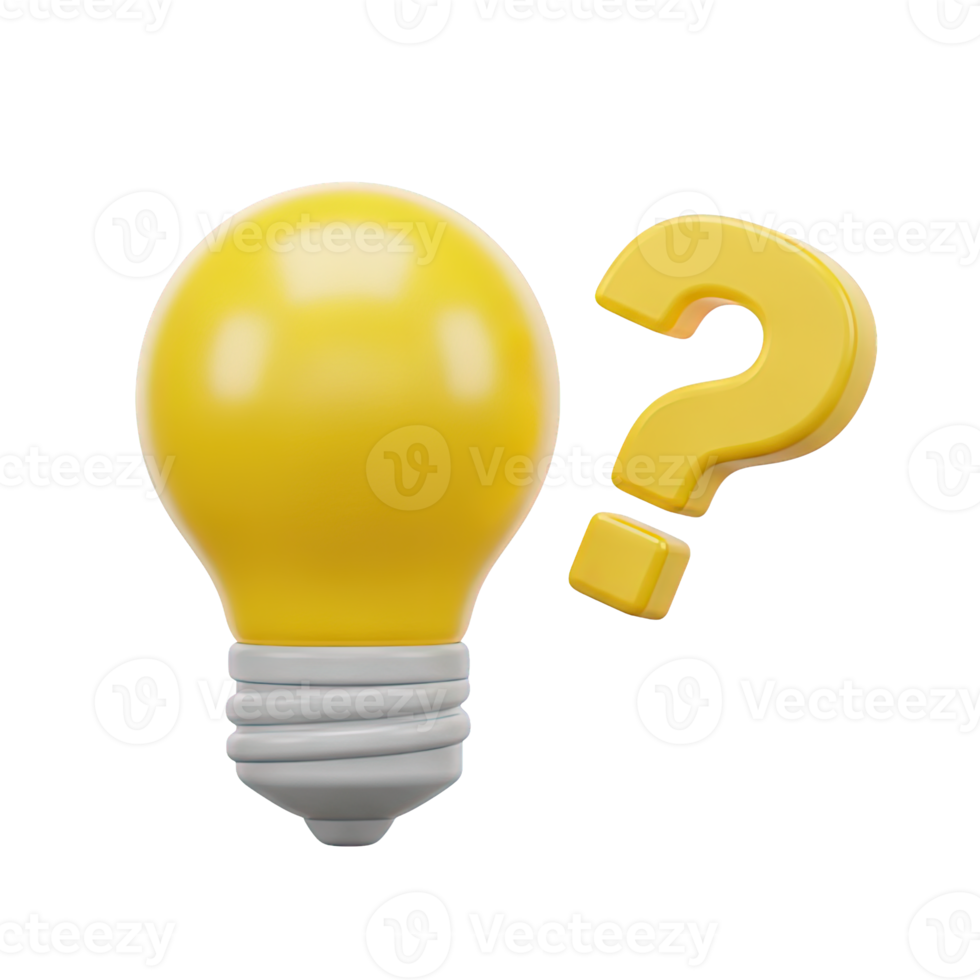 Idea with question mark 3D icon Yellow lightbulb paired with a large yellow question mark symbolizing inquiry brainstorming problem to solve or searching for ideas png