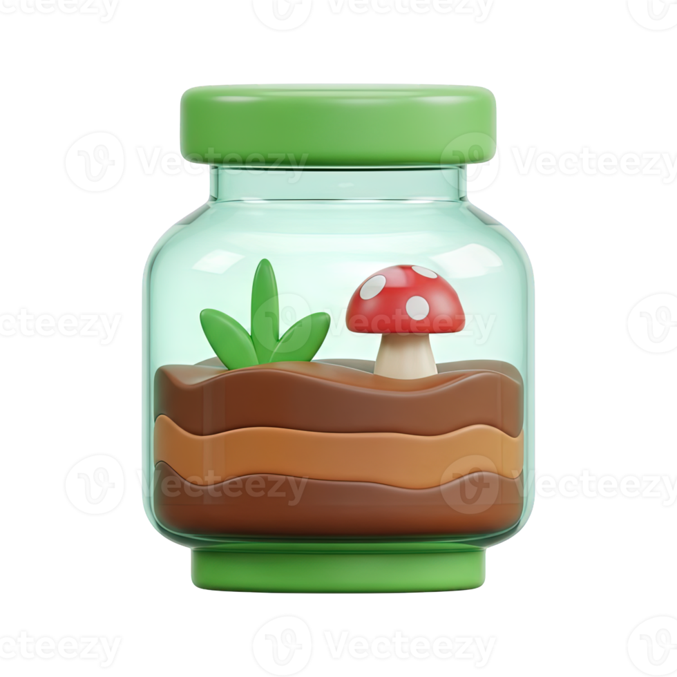 Miniature terrarium glass jar 3D icon Green jar with soil layers a small plant and mushroom depicting a tiny ecosystem hobby or botanical decoration graphic png