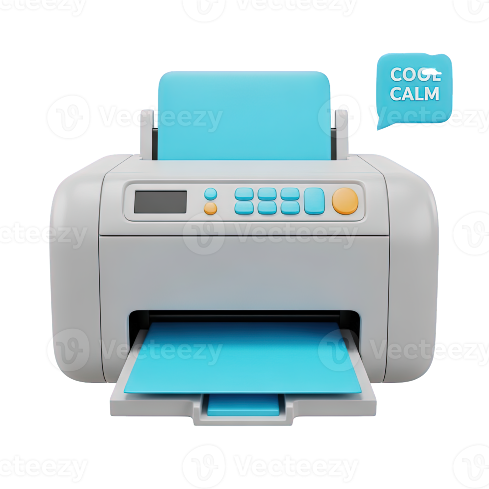 Modern office printer 3D icon Detailed grey printer with blue paper output tray and panel for business documents printing and office supplies GO CALM brand device png