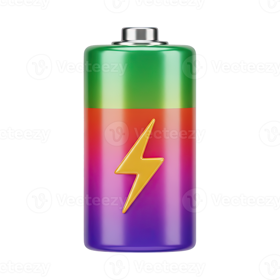 Energy battery charge 3D icon Cylindrical battery with green red and yellow segments and a lightning bolt symbolizing power storage charging or electrical energy capacity png