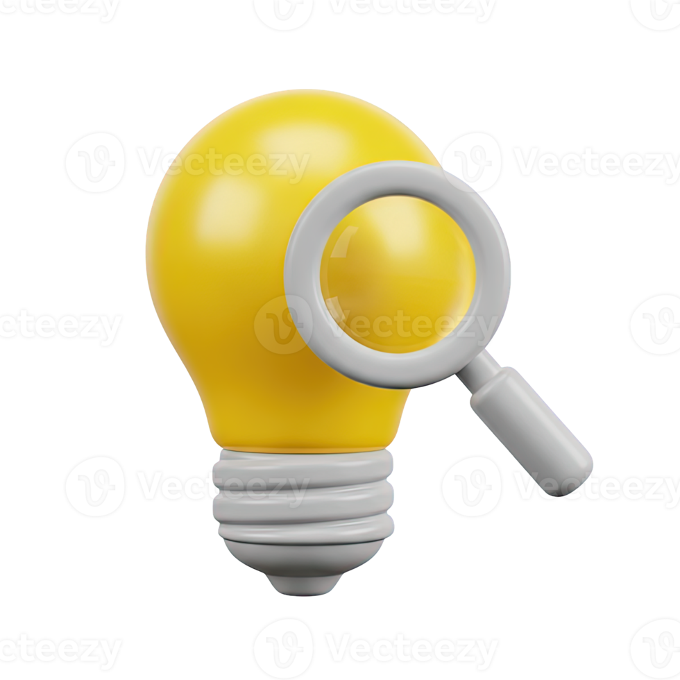 Researching ideas search 3D icon Yellow lightbulb with a grey magnifying glass symbolizing searching for ideas innovation research or exploring creative concepts png