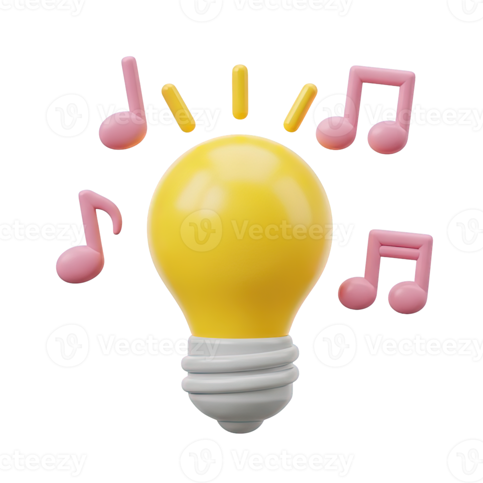 Musical idea inspiration 3D icon Yellow lightbulb surrounded by pink musical notes symbolizing creative inspiration for music artistic ideas or innovative sound concepts png