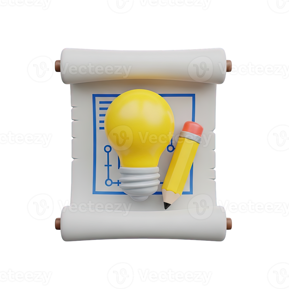 Idea blueprint plan 3D icon Yellow lightbulb and pencil on a rolled blueprint scroll symbolizing planning innovation strategy development or creative project design png