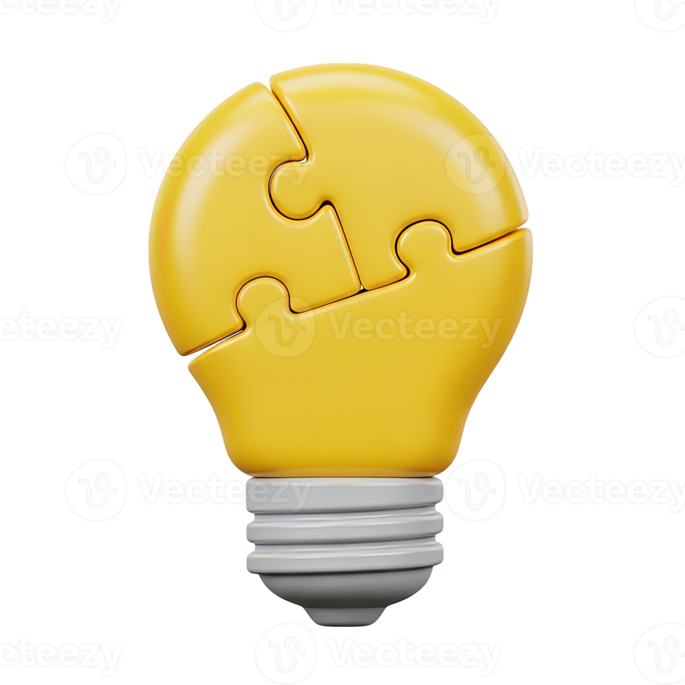 Puzzle idea lightbulb 3D icon Yellow lightbulb made of interlocking puzzle pieces representing problem solving creative solutions collaborative thinking or finding missing links png