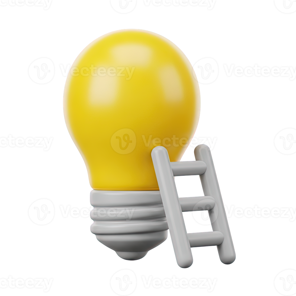 Step up idea ladder 3D icon Yellow lightbulb with a small ladder leaning against it symbolizing progress in innovation developing ideas or climbing towards a solution png
