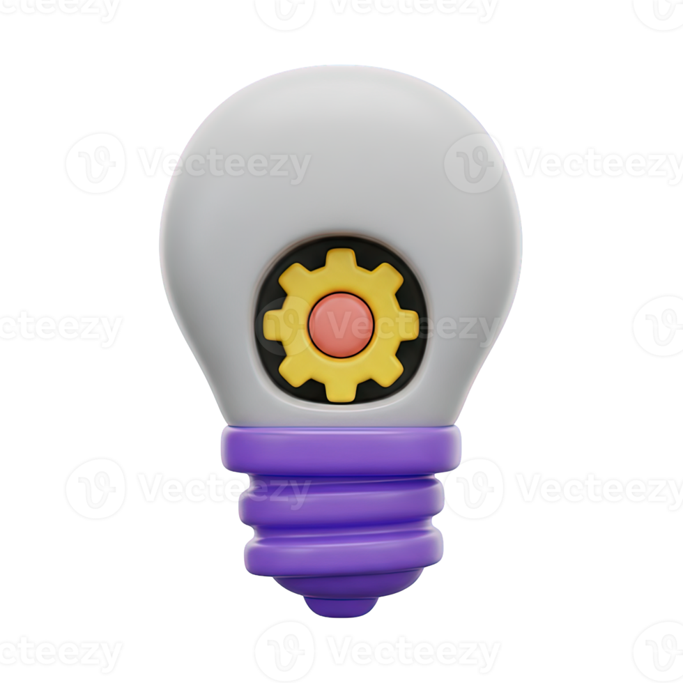 Technical idea gear bulb 3D icon Lightbulb with a purple base and an internal yellow gear symbolizing technical innovation engineering ideas or mechanical thought process png