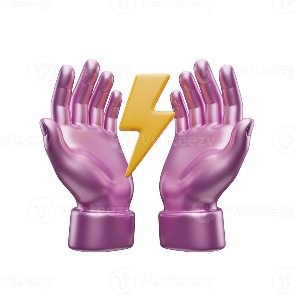 Energy management hands 3D icon Pink gloved hands gently holding a yellow lightning bolt symbolizing careful energy control power conservation or electrical safety handling png