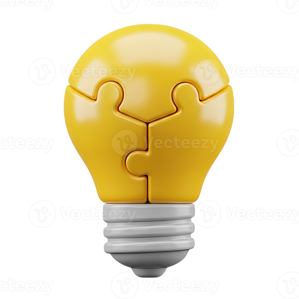 Collaborative idea puzzle bulb 3D icon Yellow lightbulb composed of three connected puzzle pieces symbolizing teamwork shared ideas integrated solutions or collective innovation png