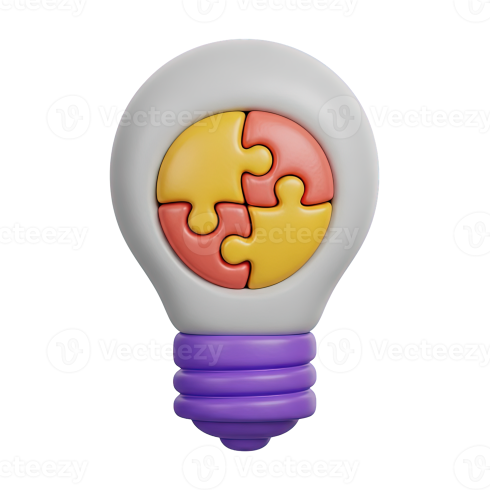 Complex idea puzzle bulb 3D icon Lightbulb with internal colorful puzzle pieces symbolizing intricate ideas complex problem solving or multifaceted innovation strategy png