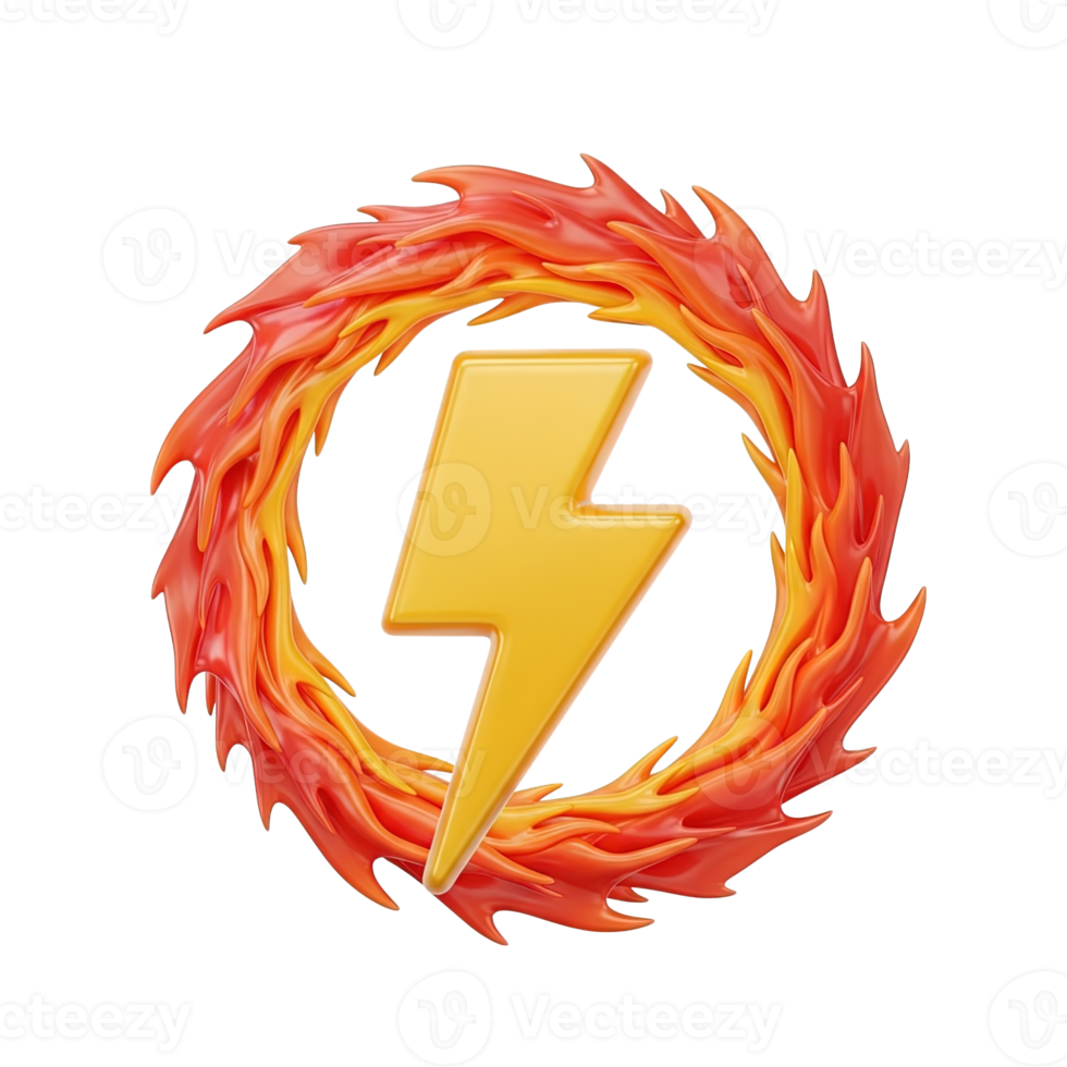 Dynamic power wreath 3D icon Yellow lightning bolt centered in a swirling wreath of orange and red flames symbolizing intense energy fiery power or high voltage output png