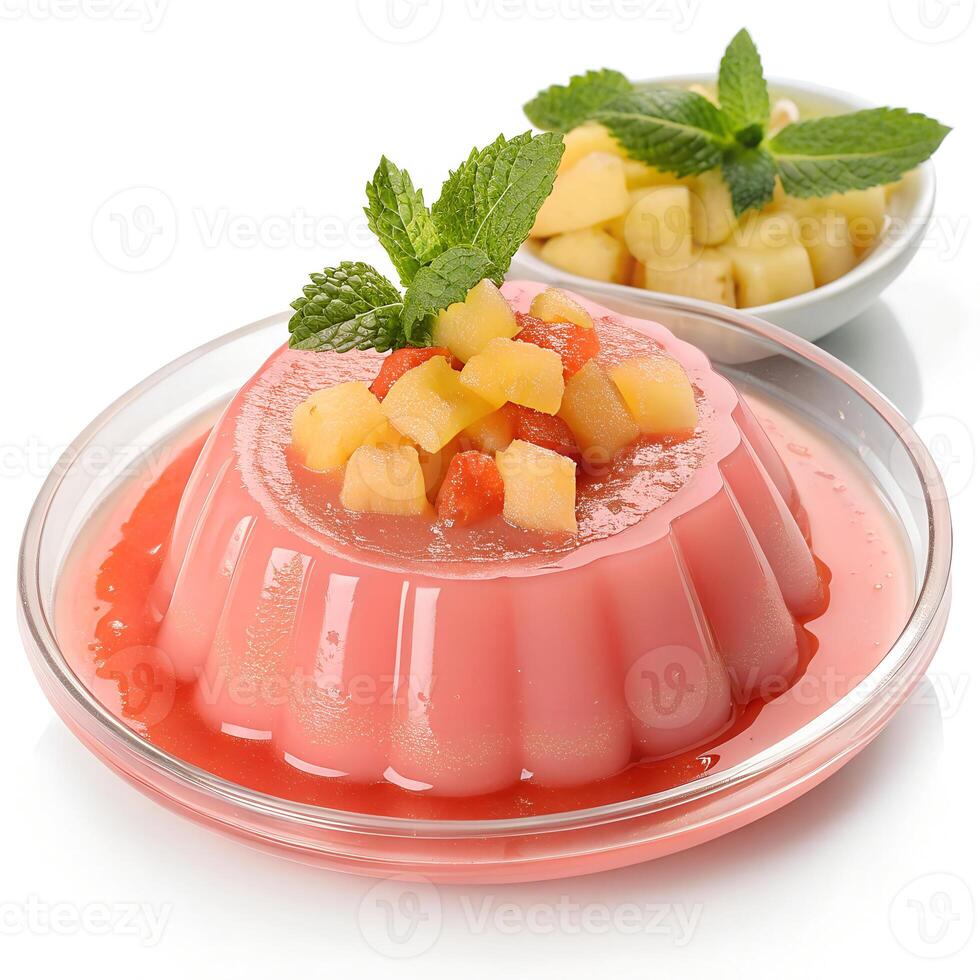 Guava-flavored pudding in a clear dish, bright pink hue, topped with pineapple bits and mint leaf, fruity and exotic, isolated photo