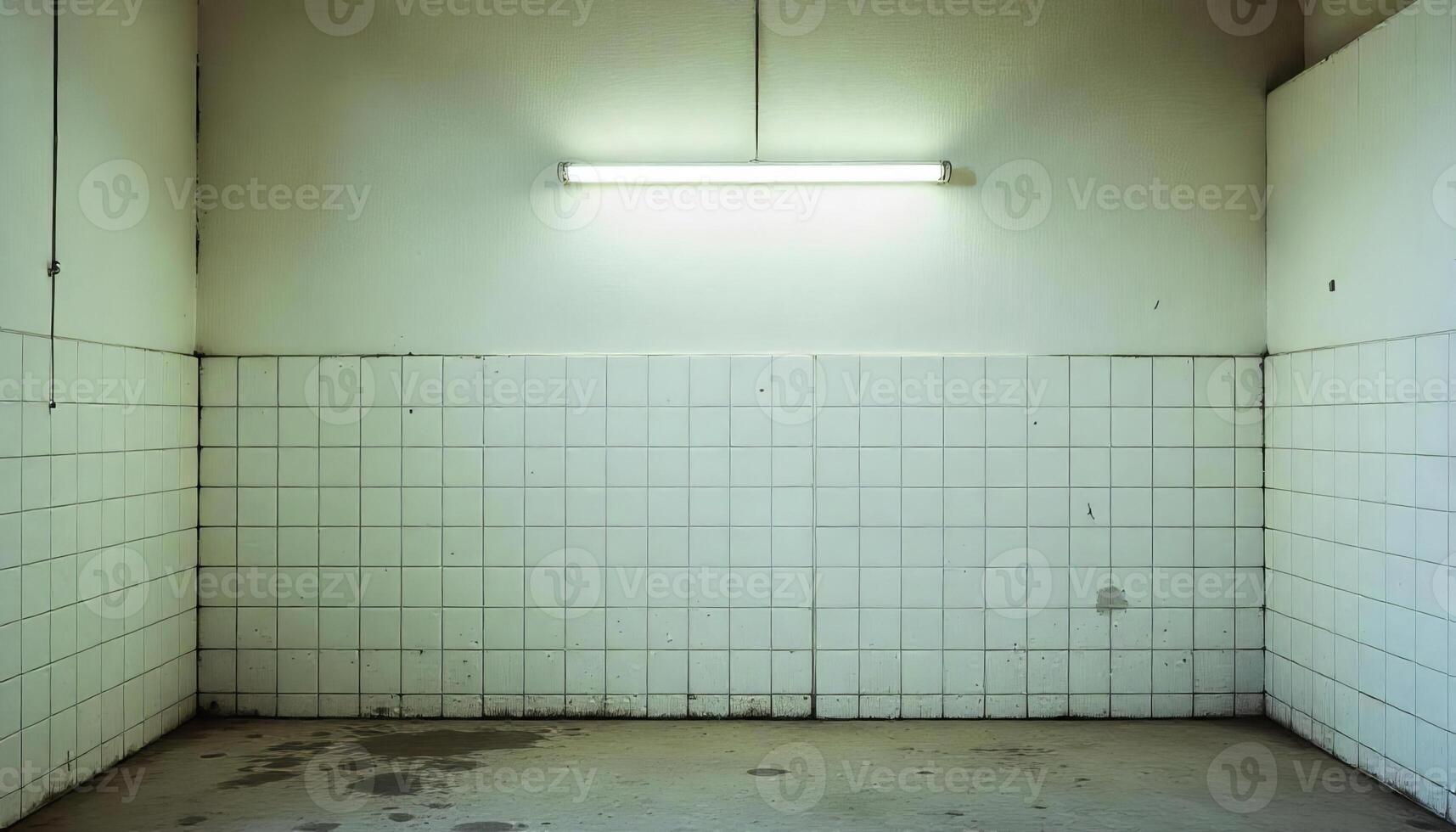 A white tiled wall with a fluorescent light on top, the floor is concrete and has some stains photo