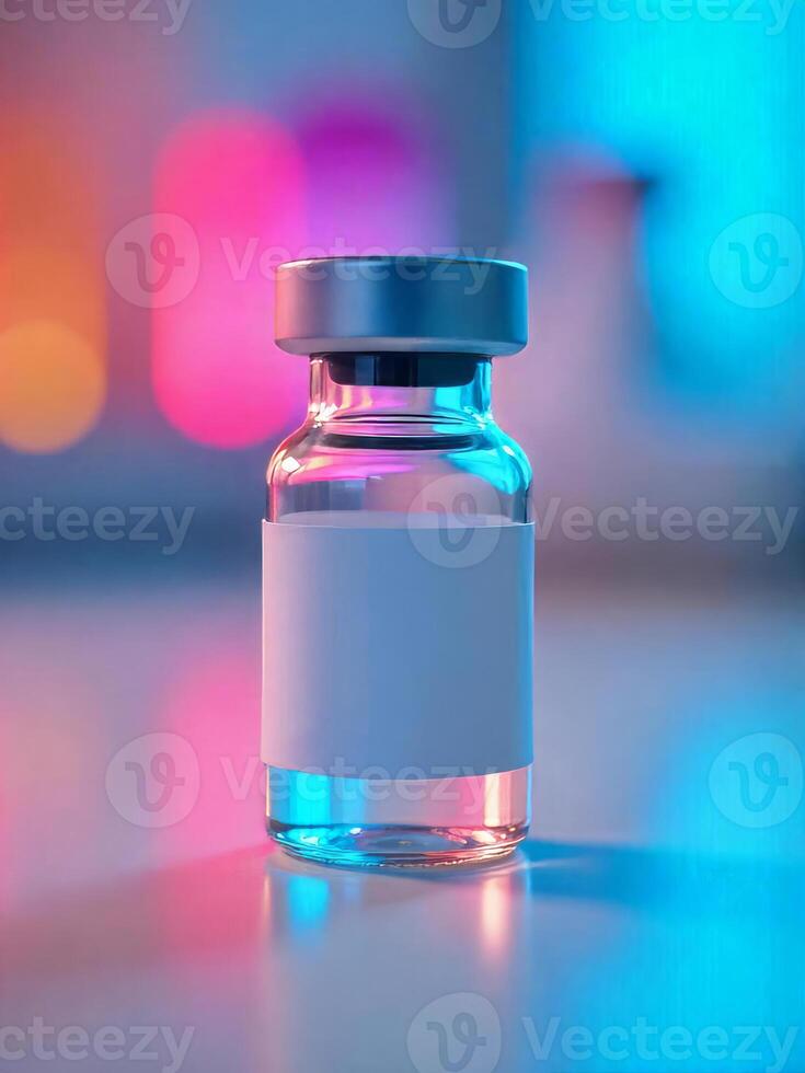 A vaccine vial with a silver cap and a blank label, on a reflective surface, with a blurred background of colorful lights photo