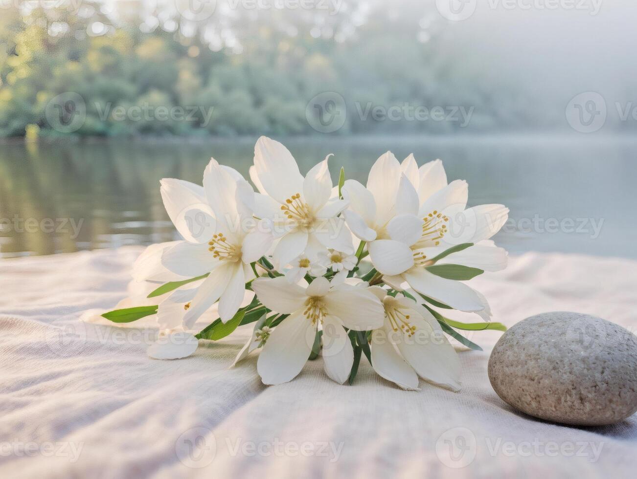 Peaceful Nature Still Life with White Flowers and Stone photo